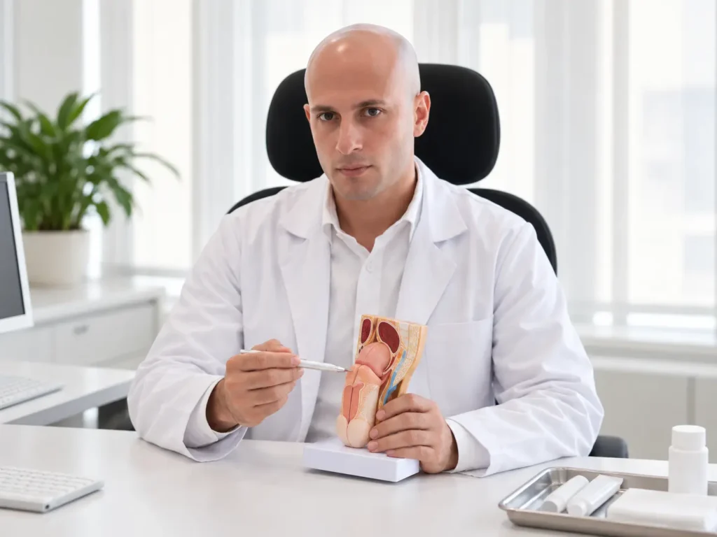 Dr. Carlos Velásquez explicando el tratamiento del prepucio inflamado con un modelo anatómico masculino