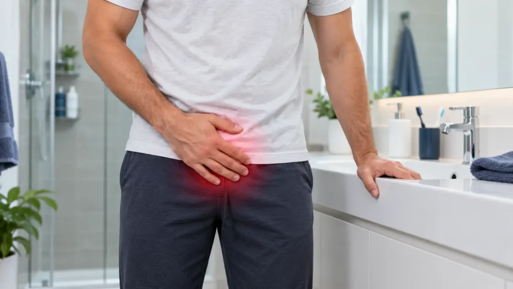 Hombre con inflamación y molestias en la zona del prepucio, representación de irritación genital masculina - Dr. Carlos Velásquez - Medellín, Colombia