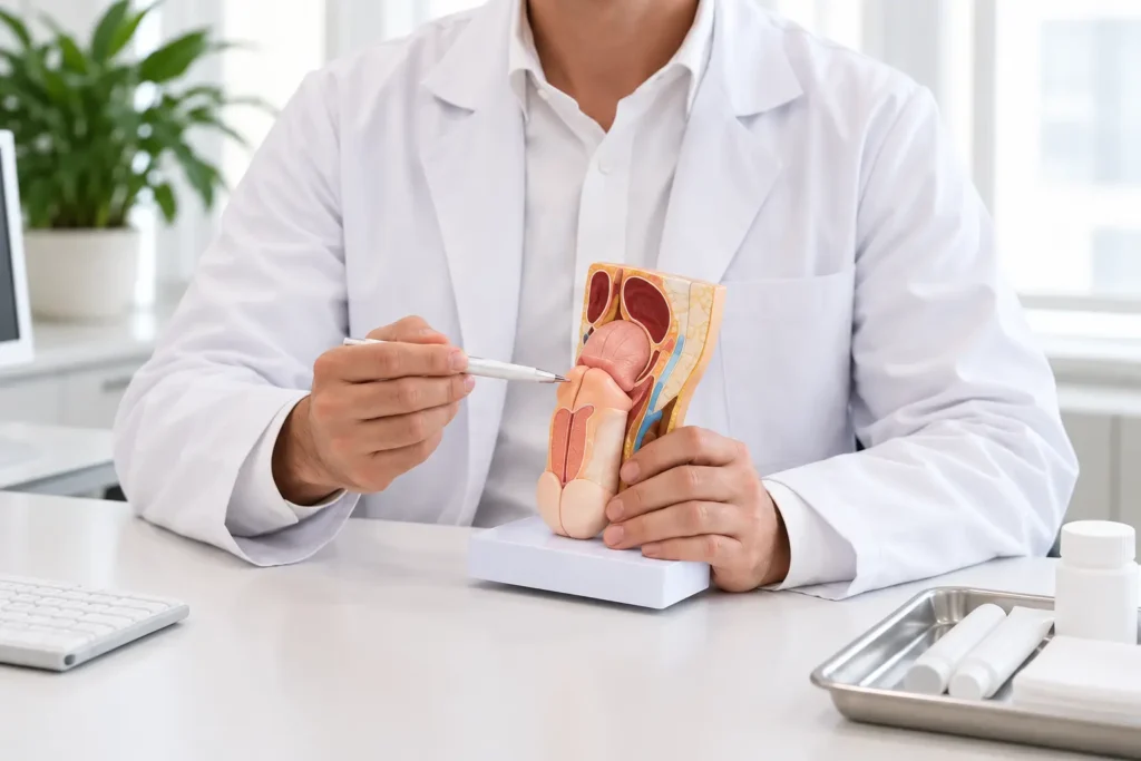 Urologist explaining male anatomy with an anatomical model during an erectile dysfunction consultation in Medellín